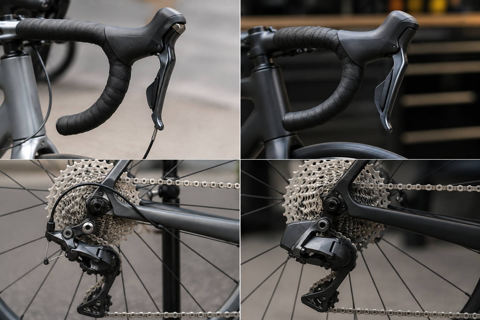 Mechanisch versus elektronisch schakelen op een racefiets, met detailbeelden van shifters, schakelkabels, cassette en achterderailleur.