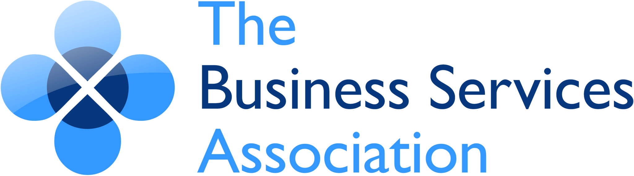 Logo of The Business Services Association. Features a blue, stylized four-petal flower design on the left, with the organizations name in blue text on the right.