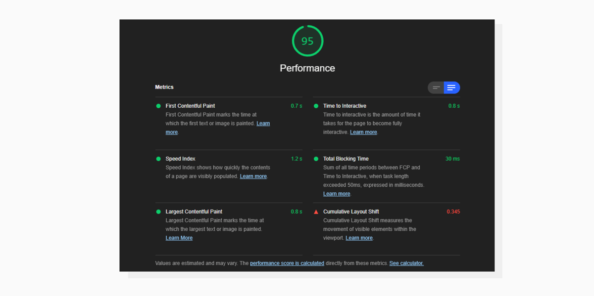 A test run on web.dev with descriptions. Google Lighthouse Performance tab with detailed view