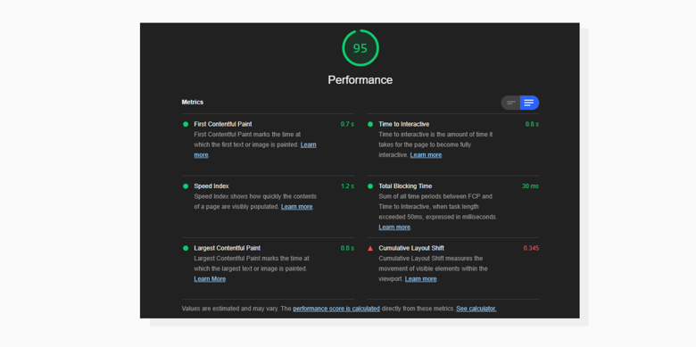 Google Lighthouse Performance tab with detailed view