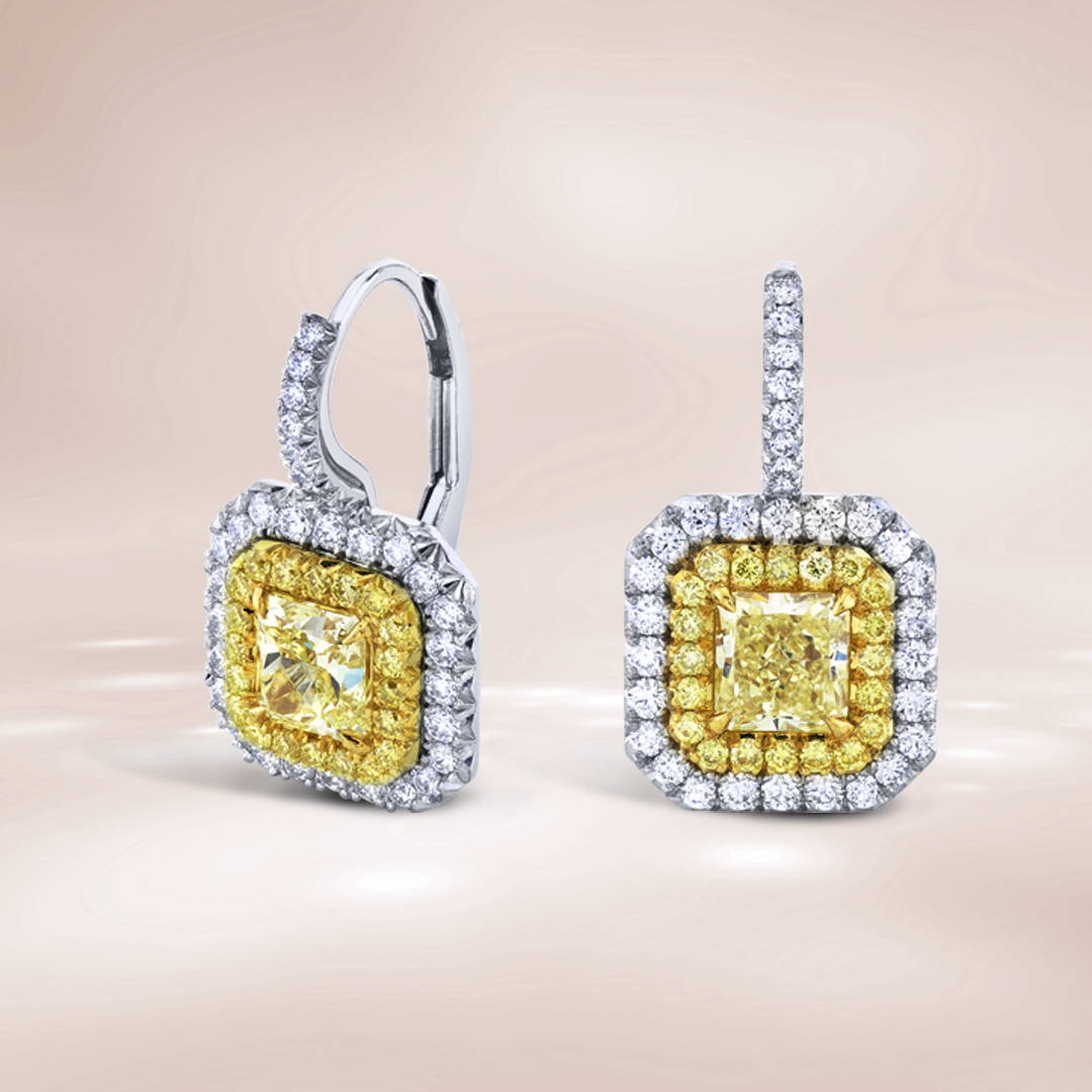 Yellow and White Diamond Dangle Earrings
