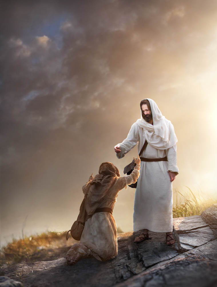 A grateful person kneeling in front of Jesus.