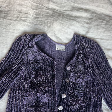 purple velvet cardigan with ruffle and lace trim