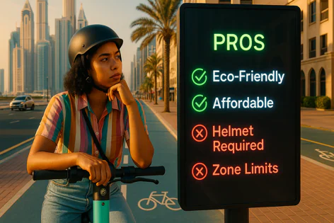 A young woman wearing a helmet on an electric scooter looks contemplatively at a sign detailing pros like eco-friendly and affordable, against a backdrop of tall city buildings.