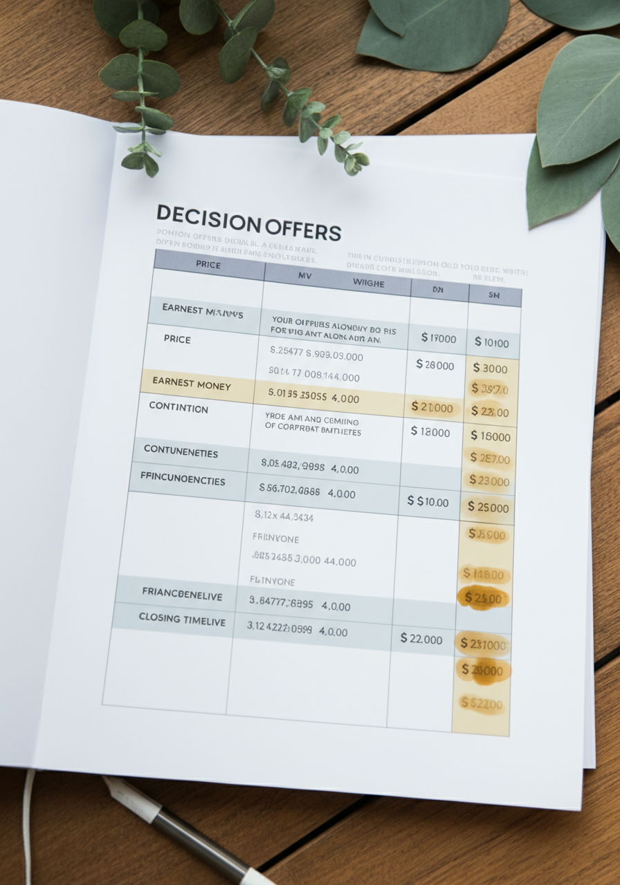 A decision matrix spreadsheet comparing three offers for a Gold Coast property, with columns for price, earnest money, contingencies, financing, and closing timeline. Each factor has been weighted and scored, demonstrating a systematic approach to evaluating multiple offers beyond just the headline price.