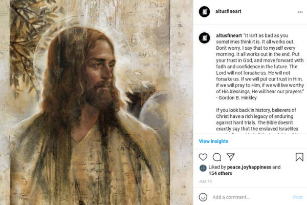 Instagram post featuring a painted portrait of Jesus Christ.