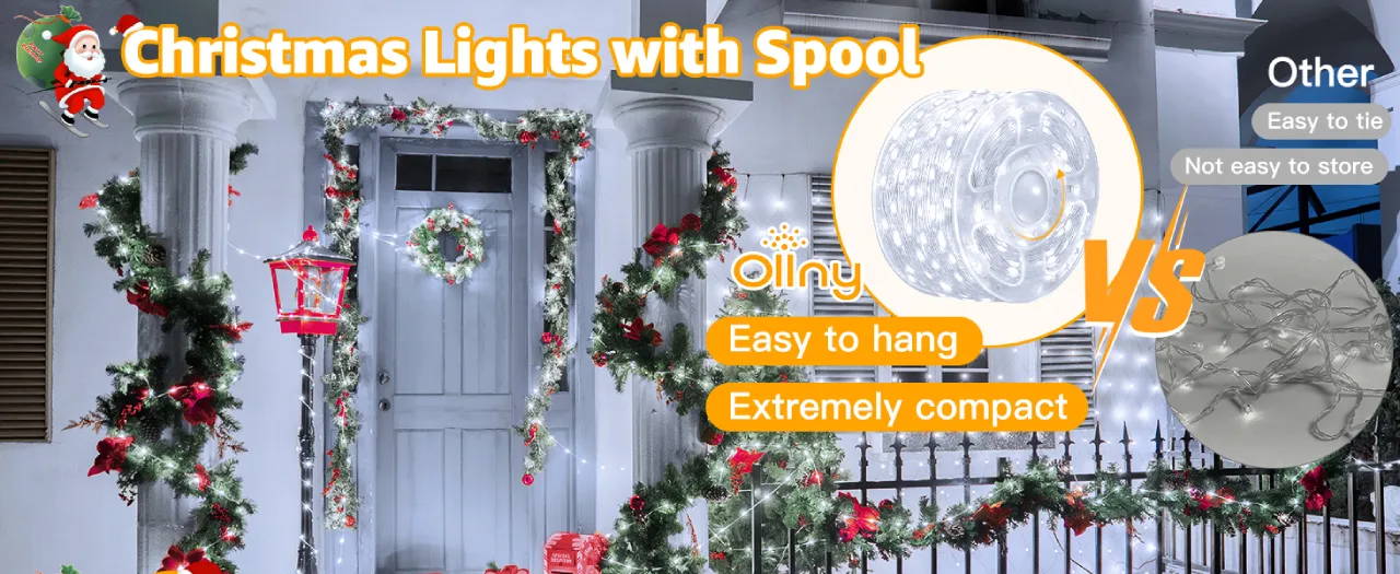 Features of Ollny's 800 leds clear cable cool white string lights - desktop size