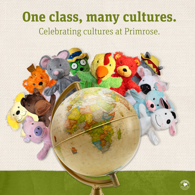 Celebrating cultures poster featuring all the Primrose puppets behind a globe