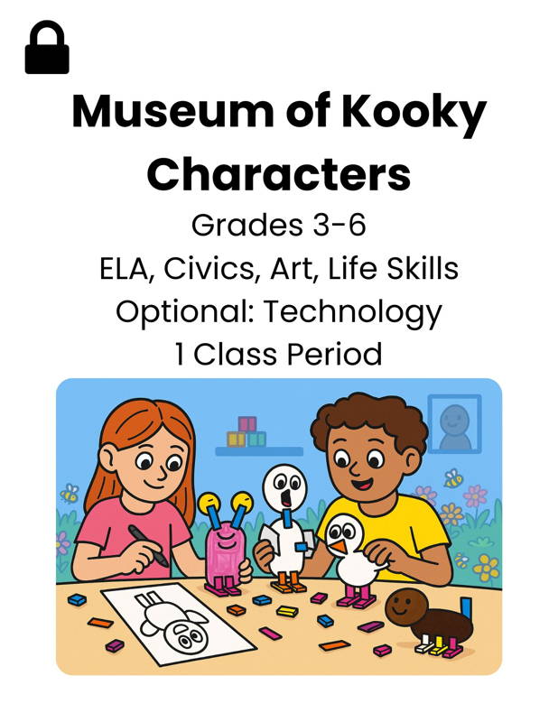 Image of two elementary students designing and building kooky character models with cardboard and connectors as part of a 3DuxDesign project-based learning activity. Includes drawing sheets, character cutouts, and assembled figures to support ELA civics art and life skills through creative hands-on STEM education for grades 3–6.