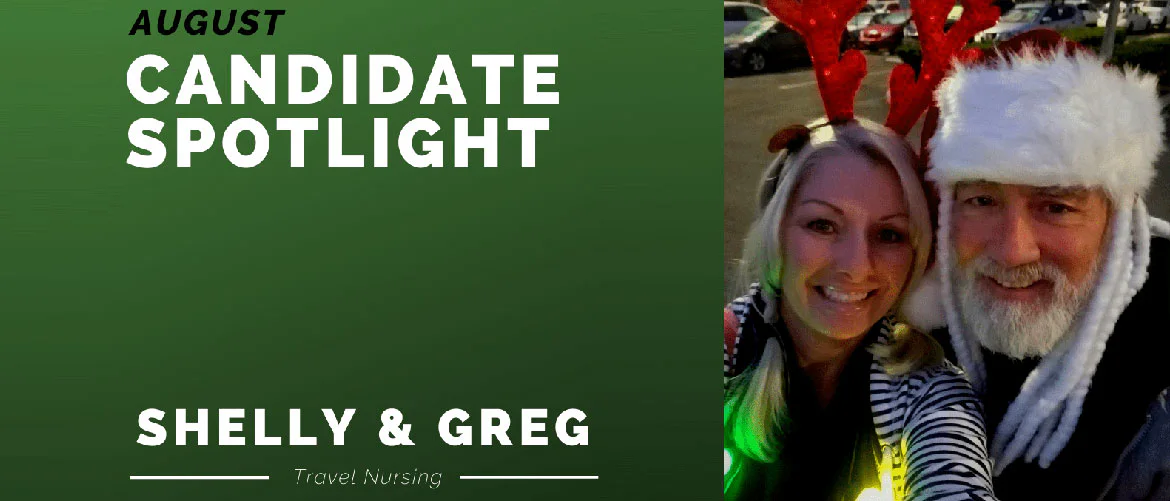 A travel nursing duo, Shelly and Greg, smile in a festive holiday setting, wearing Santa and reindeer-themed accessories, as part of KPG Healthcare’s 'Candidate Spotlight.'