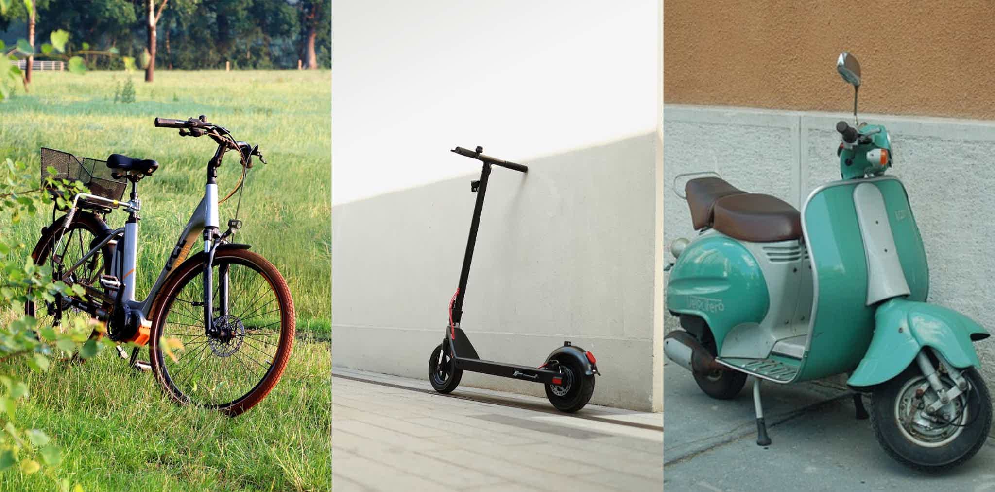 Montaje de una bicicleta eléctrica, un patinete eléctrico y una moto.