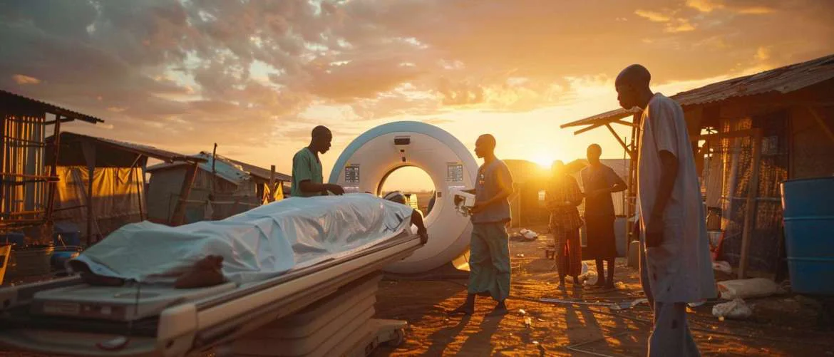 Team assembling solar-powered mobile MRI in a remote village at sunrise.