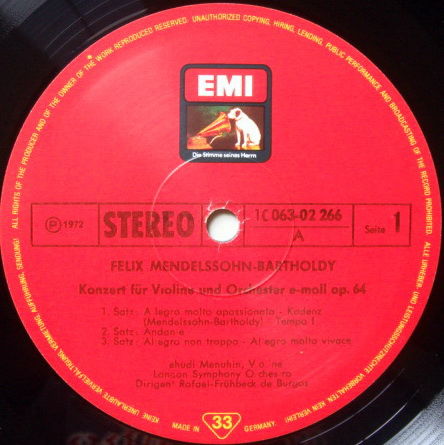 EMI HMV / MENUHIN-DE BURGOS, - Mendessohn Violin Concer...