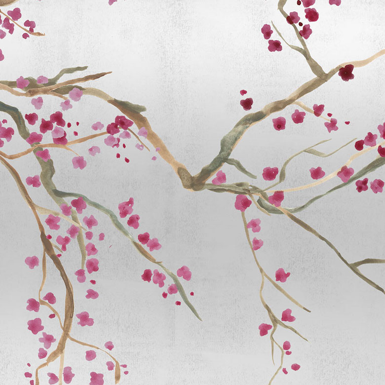 Silver & Red Cherry Blossom Wall Mural pattern image
