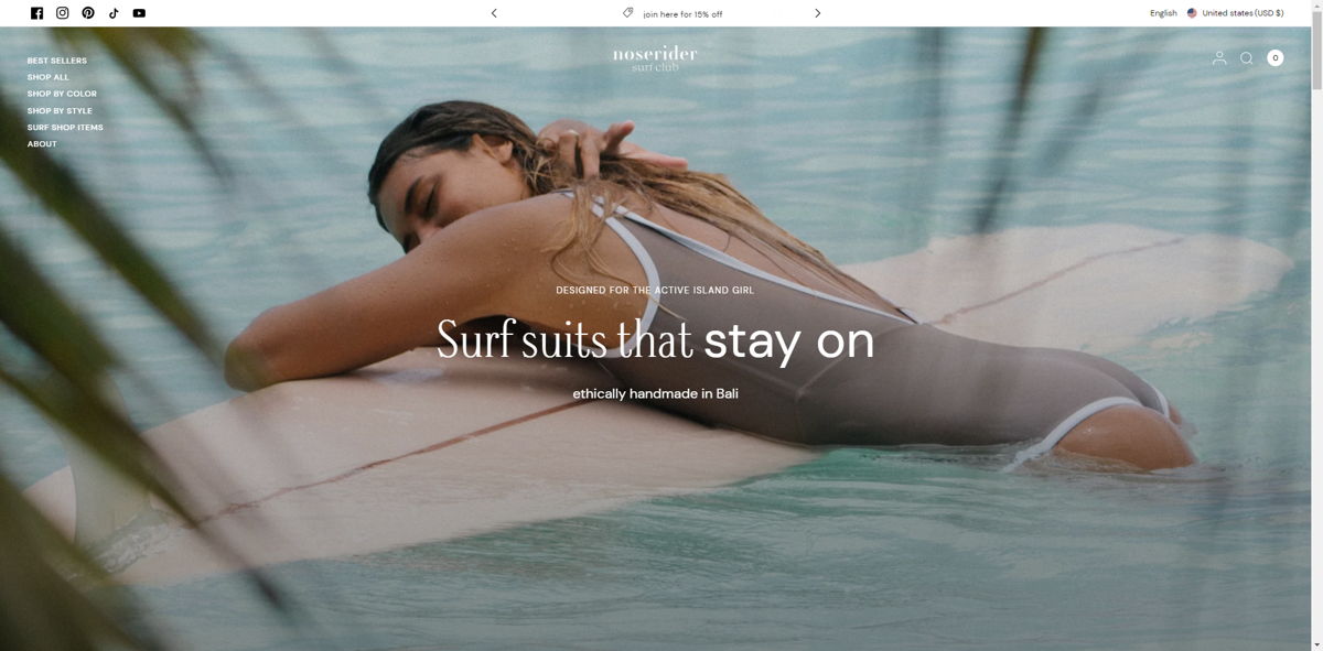 Screenshot of Noserider Surf Club, from the shopify clothing stores collection.