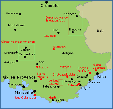 Map of the rock climbing areas in the South East of France