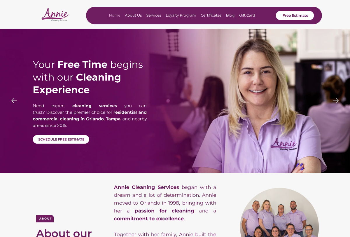 Screenshot of Annie Cleaning Services, from the purple websites collection.