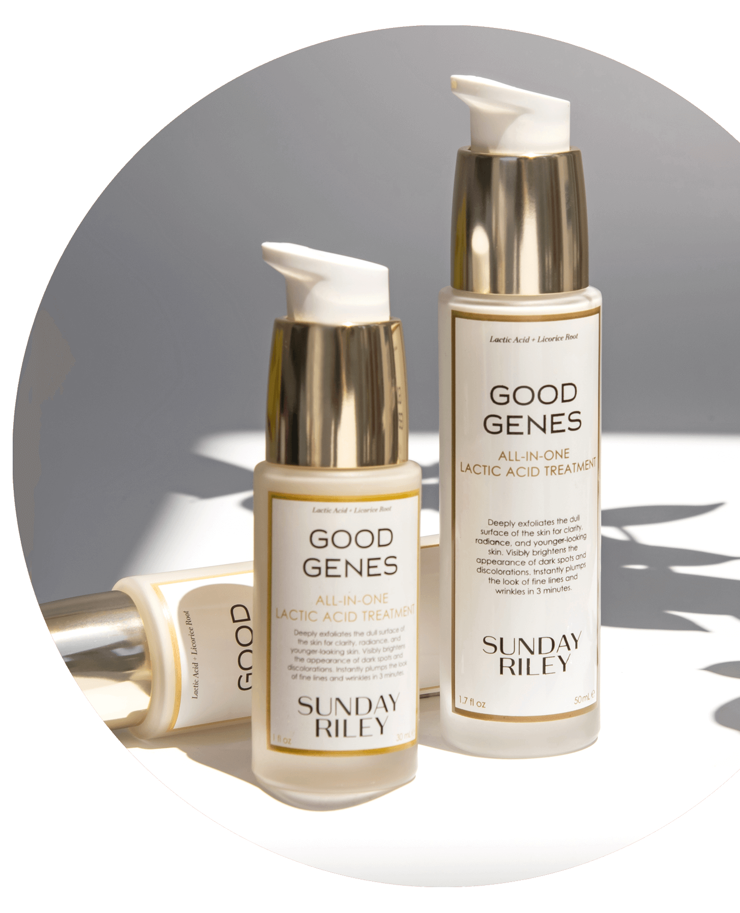 3 bottles of Good Genes All-In-One Lactic Acid Treatment displayed on white surface