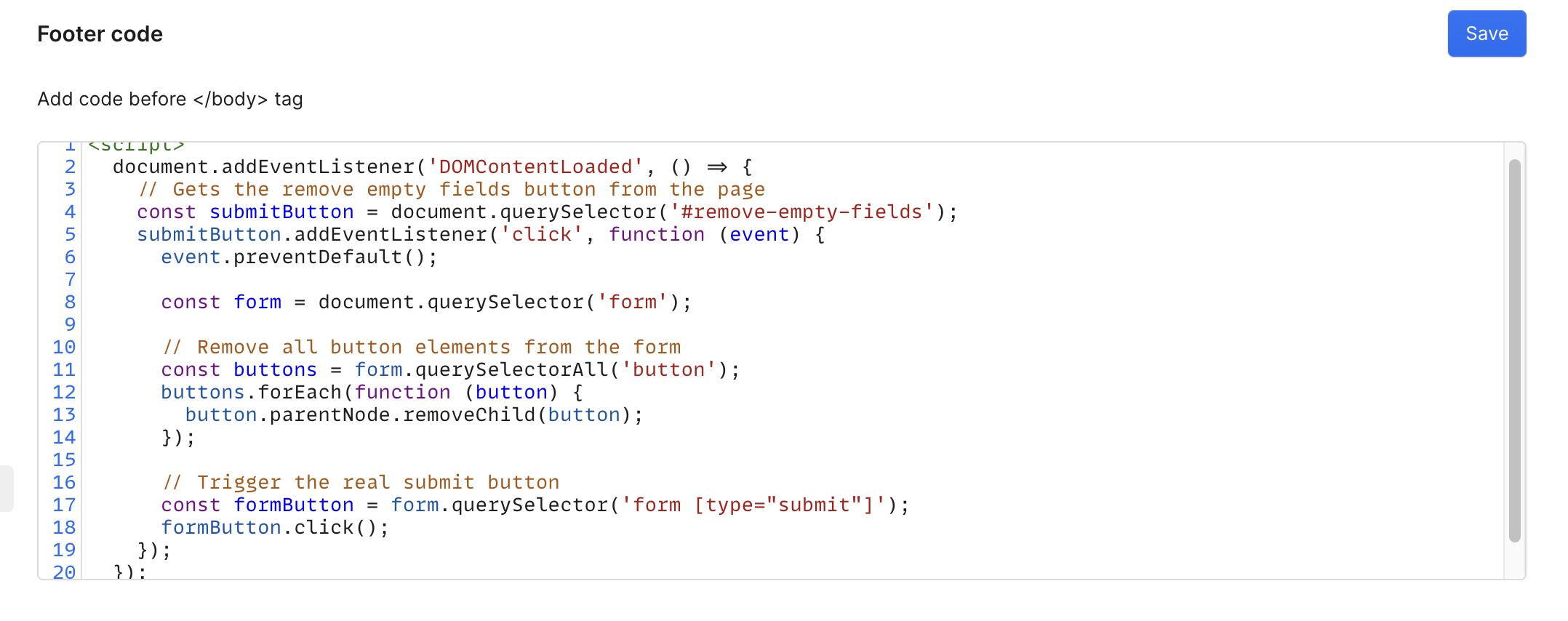 Adding custom script to remove empty fields in the form submission