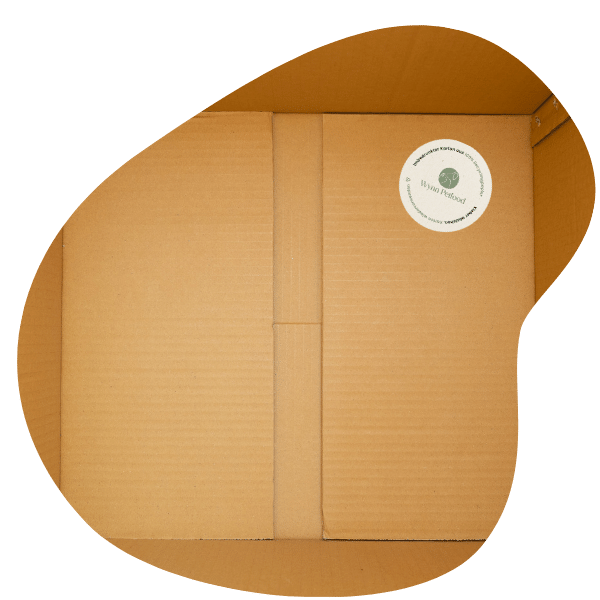 Leerer brauner Versandkarton, am Eck klebt ein Wynn Petfood Aufkleber