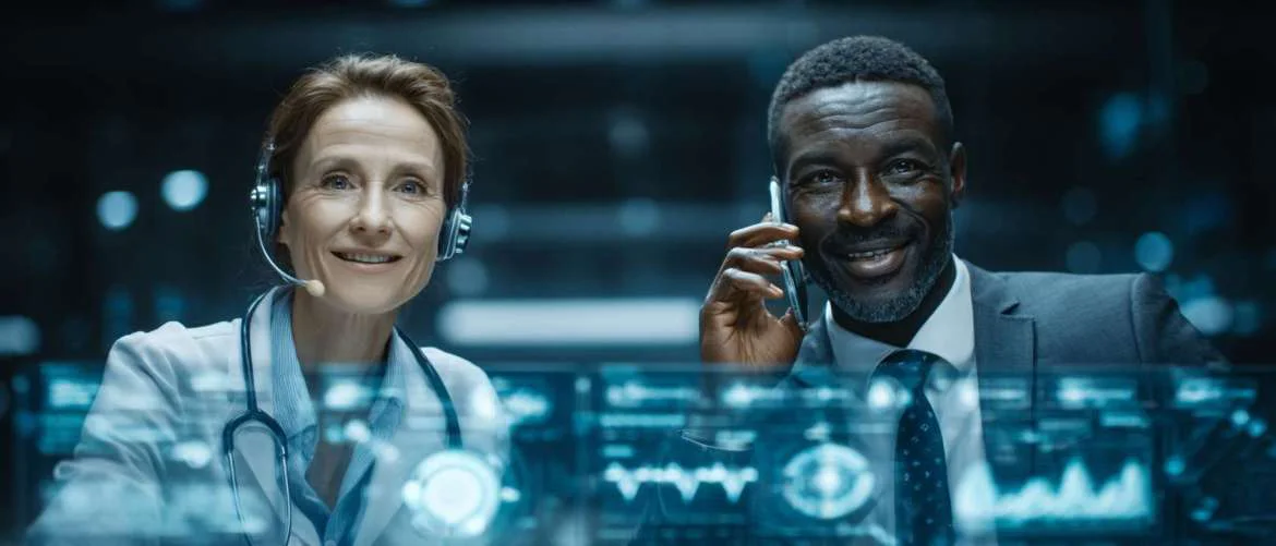 Healthcare recruitment team managing high workload with holographic displays.