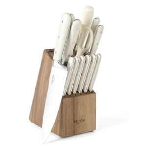 MARTHA STEWART Eastwalk 14 Piece High Carbon Stainless Steel Cutlery Kitchen Knife Block Set w/ABS Triple Riveted Forged Handle Acacia Wood Block - Linen White