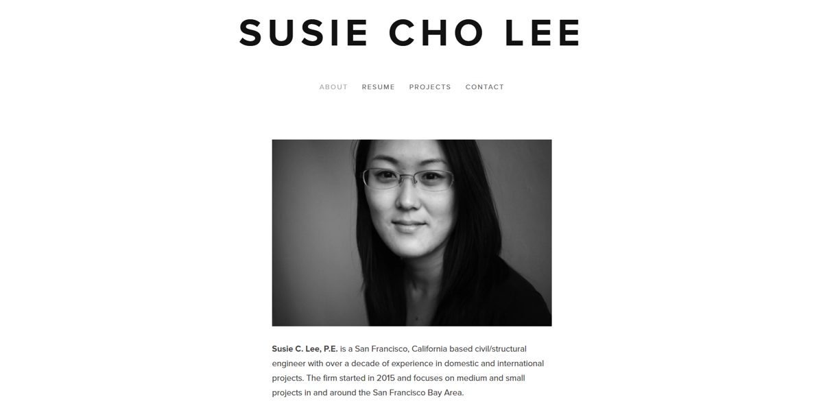 Screenshot of Susie Cho Lee, from the engineer portfolios collection.