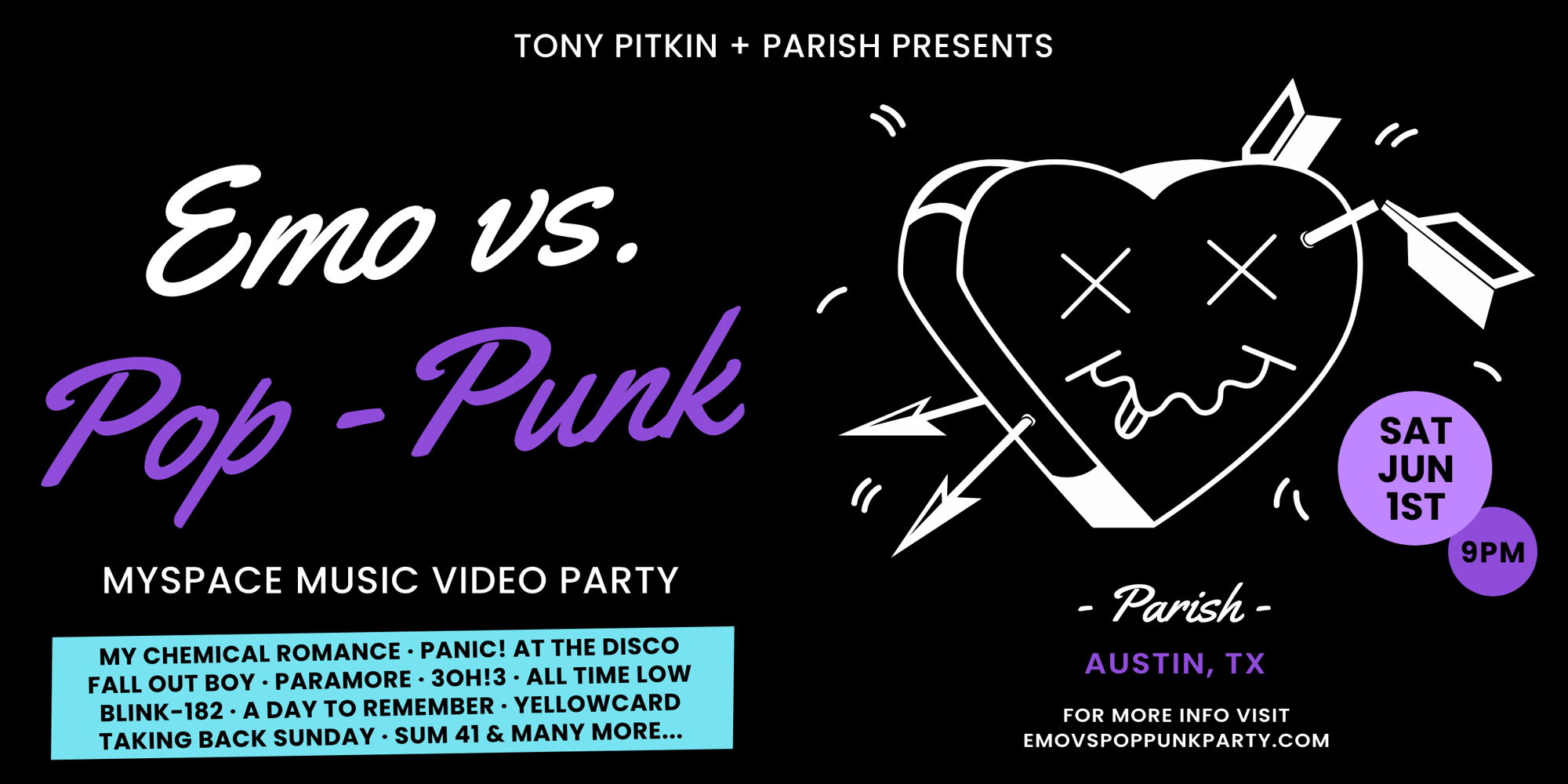 Tony Pitkin + Parish Present: Emo Vs Pop Punk - Myspace Music Video Party promotional image