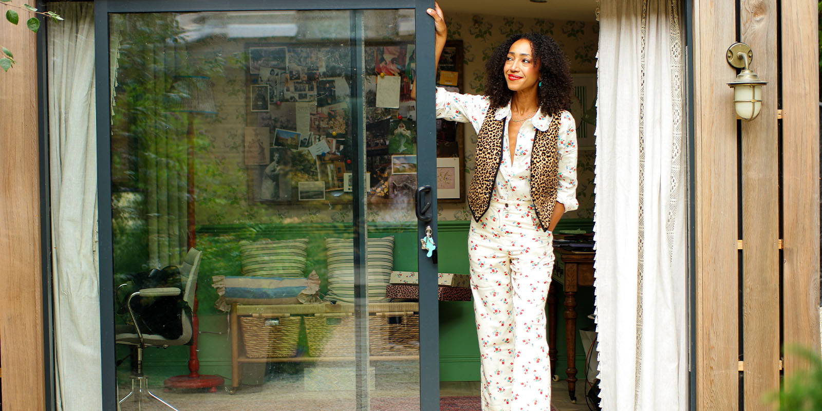 Hazel Gardiner wears Yolke's Blossom Print cropped corduroy trousers, blossom prairie shirt and leopard print waistcoat