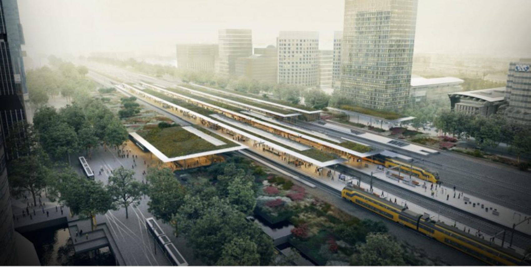Bovenaanzicht van het toekomstige station Amsterdam Zuid, met links het nieuwe tramstation aan de Arnold Schönberglaan. Daar komt ook de tweede passagierstunnel, de Brittenpassage, te liggen voor een snelle overstap op het andere openbaar vervoer. Bovenaanzicht van het toekomstige station Amsterdam Zuid, met links het nieuwe tramstation aan de Arnold Schönberglaan. Daar komt ook de tweede passagierstunnel, de Brittenpassage, te liggen voor een snelle overstap op het andere openbaar vervoer.