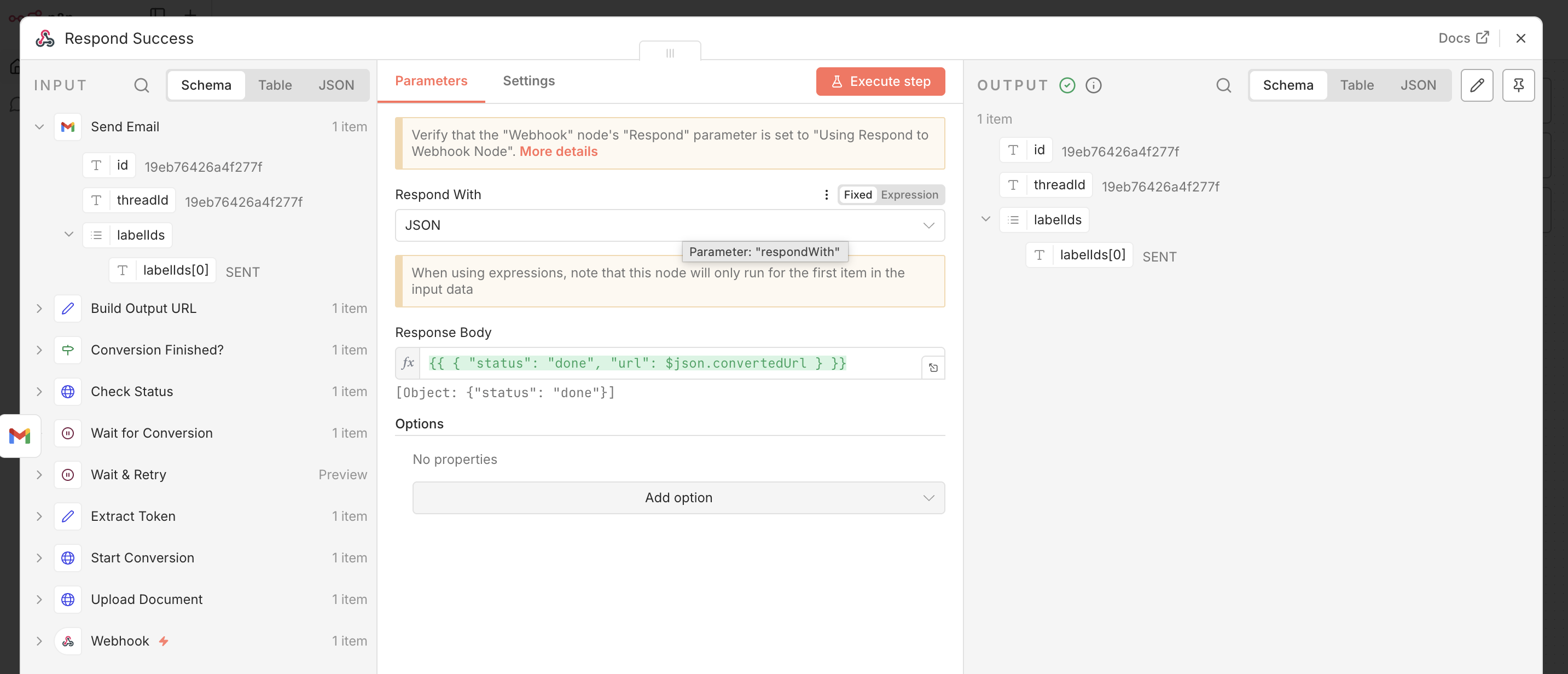 n8n Respond to Webhook node sending the CDN URL back to the source