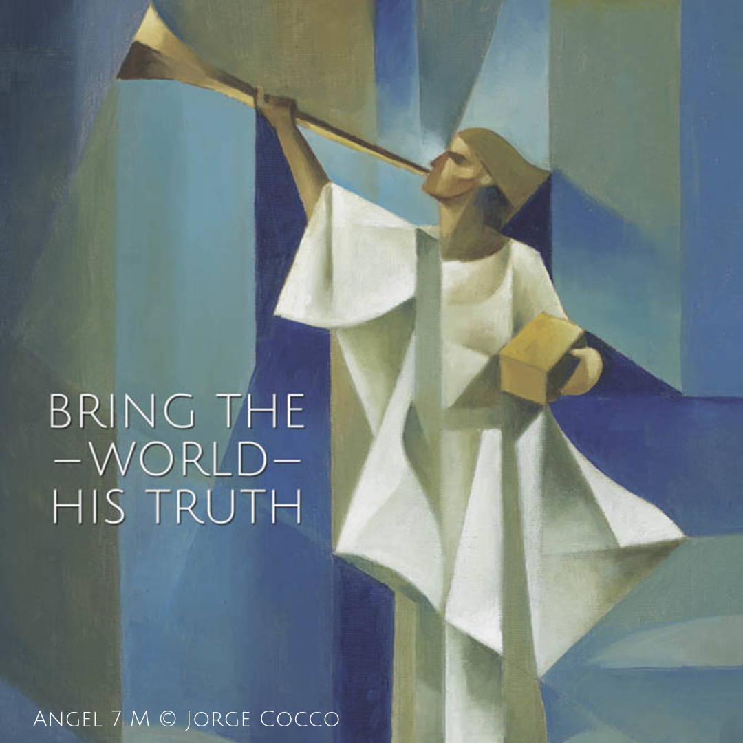 LDS art poster of the angel Moroni blowing a trumpet. Text reads: "Bring the World His Truth."