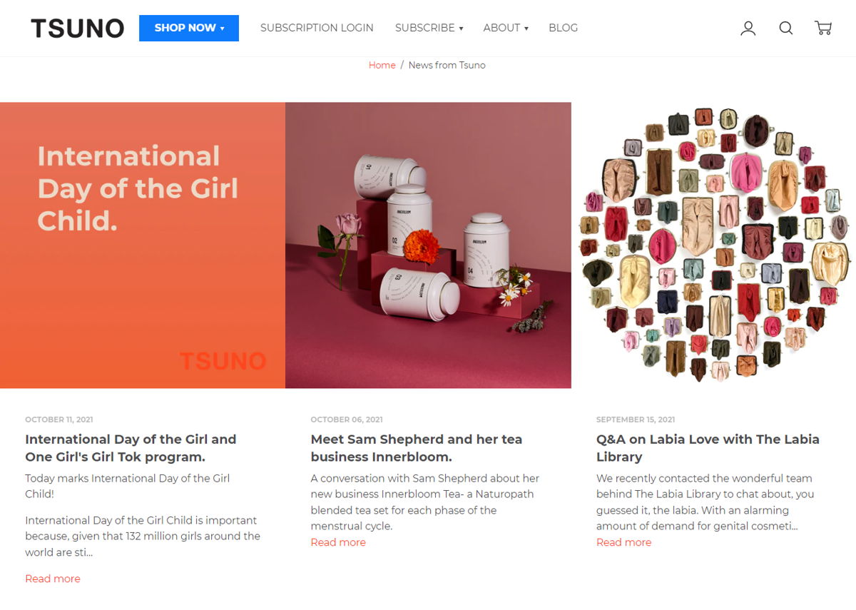 Screenshot of News from Tsuno, from the shopify blog examples collection.