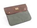 Pismo Pouch - green cotton canvas, brown Vegan Leather 8 x 10 x 1, zipper pocket and button front pocket