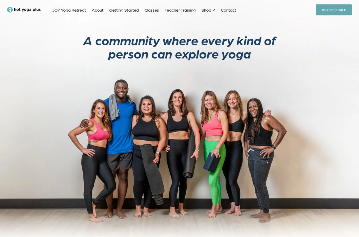Screenshot of Hot Yoga Plus, from the squarespace yoga websites collection.