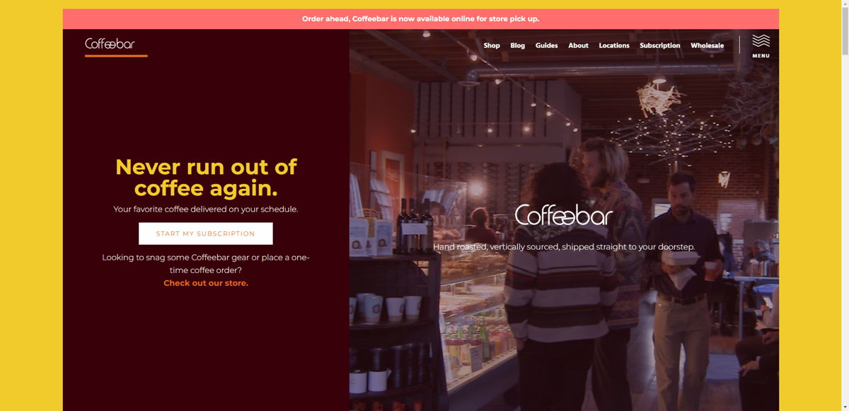 Screenshot of Coffeebar, from the cafe & coffee shop websites collection.