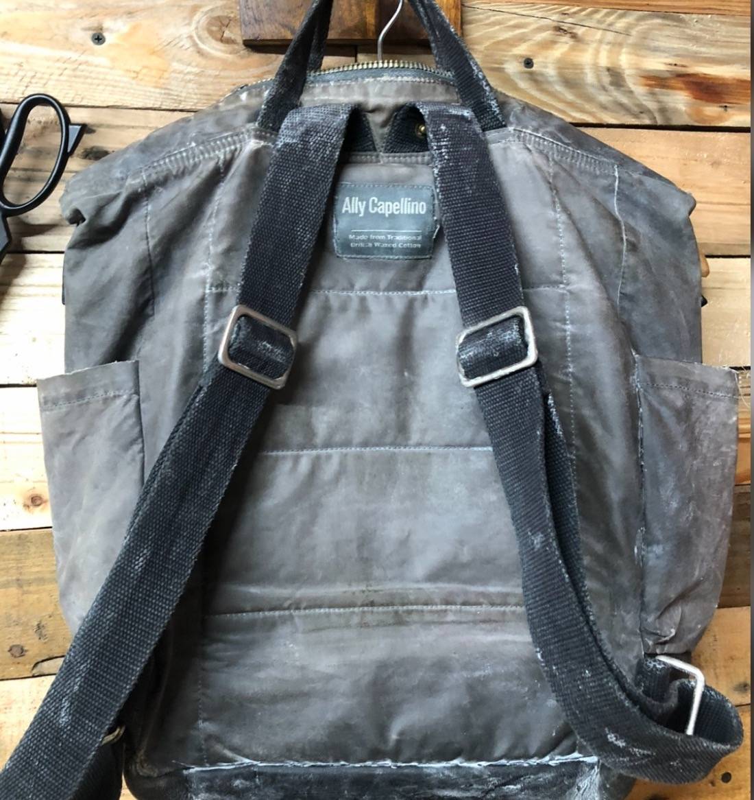 a fin backpack partway through wax restoration