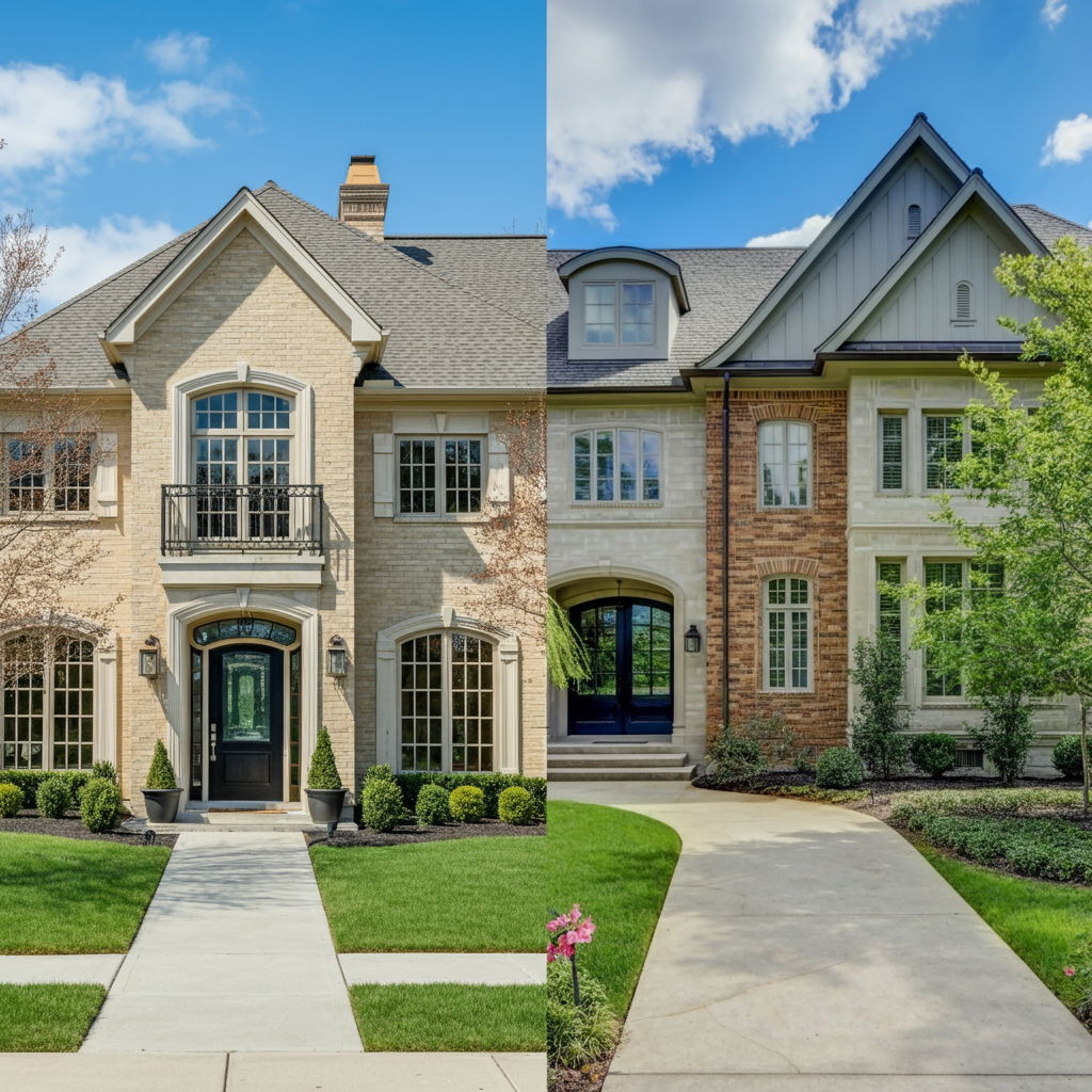 A left-right splitscreen comparison of two luxury Illinois homes: one recently purchased showing minimal capital gains exposure, and another owned for 35 years showing substantial appreciation well beyond the $500,000 exclusion, demonstrating how the current system creates a stay-put penalty for long-term homeowners.