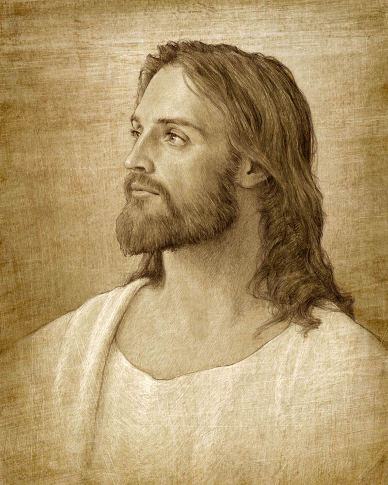 Sepia-toned sketch of Jesus. He looks off into the distance and has strong features.