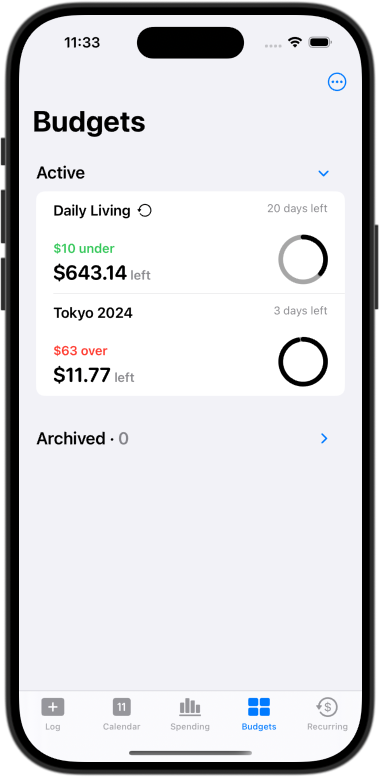 Screenshot of budgets list in CashJot