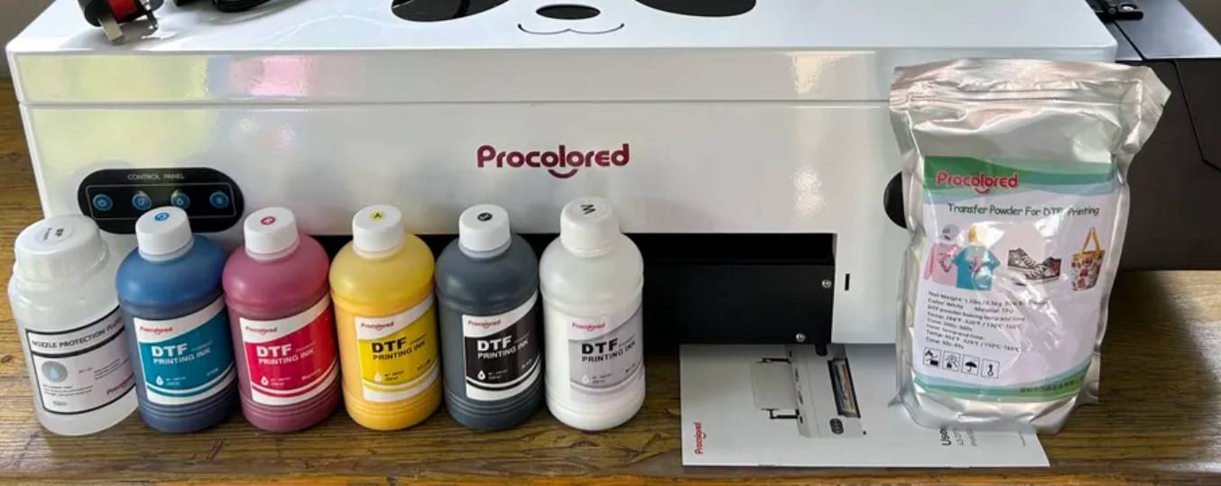 Procolored DTF starter kit including ink, film, and adhesive powder