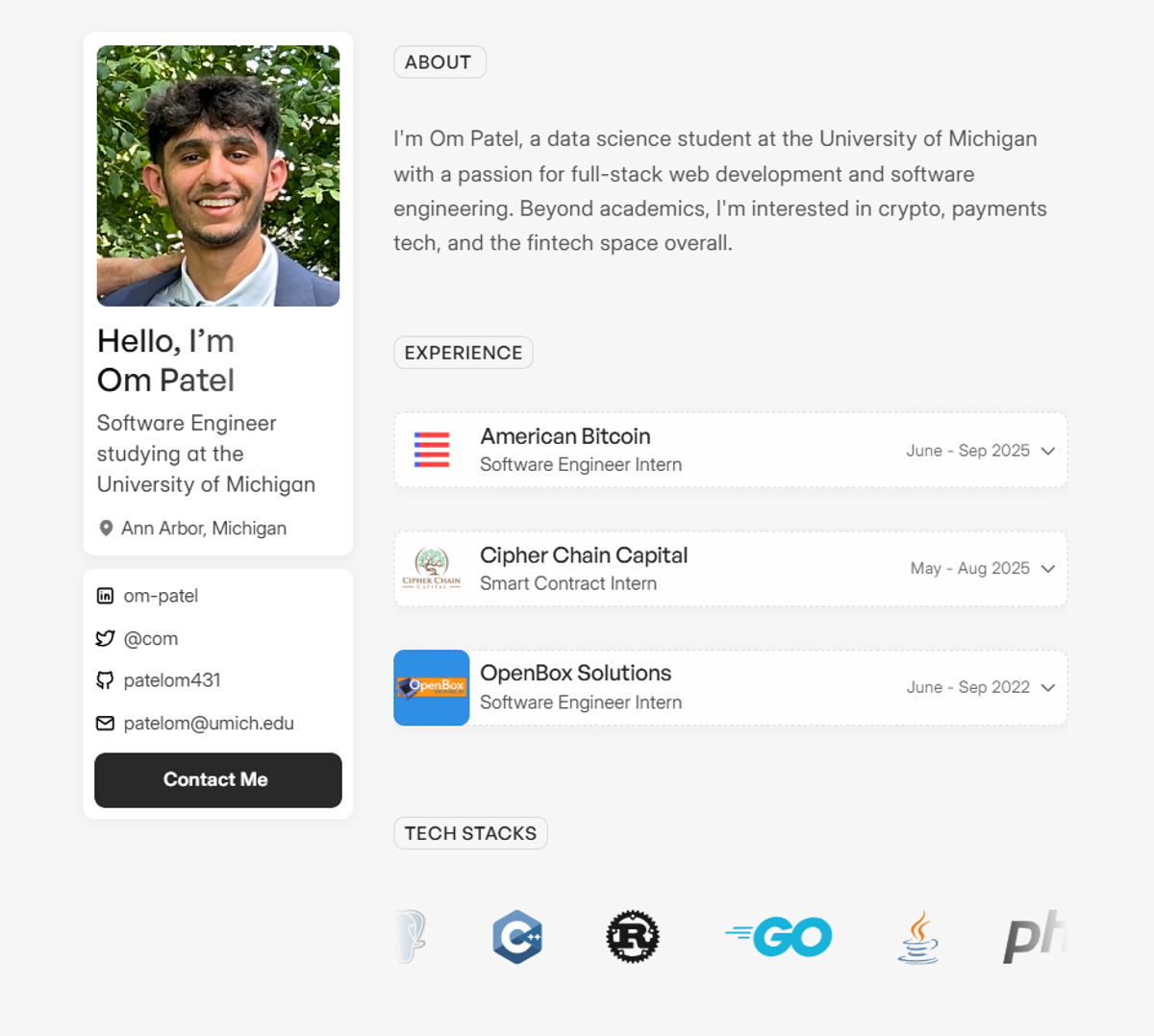 Screenshot of Om Patel, from the software engineer portfolios collection.