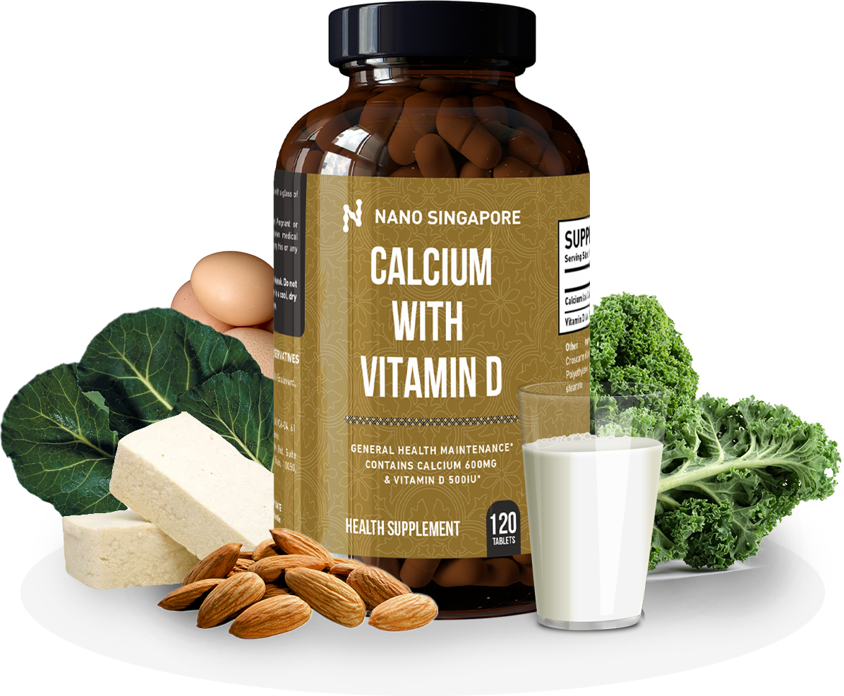a bottle of the best calcium supplement next to milk and other sources of calcium and vitamin D