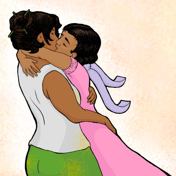 Cartoon drawing of Aviva kissing Shulamit with both holding onto eachothers arms mid jump.