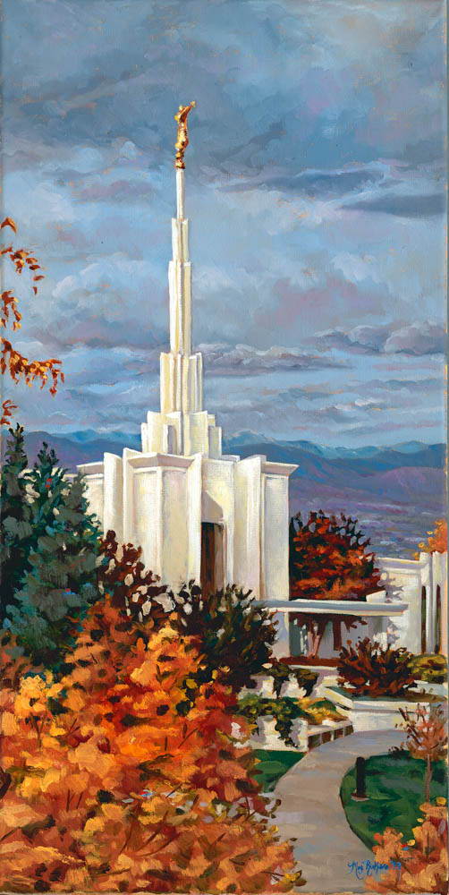 Vertical painting of the Denver Temple standing amid fall scenery.