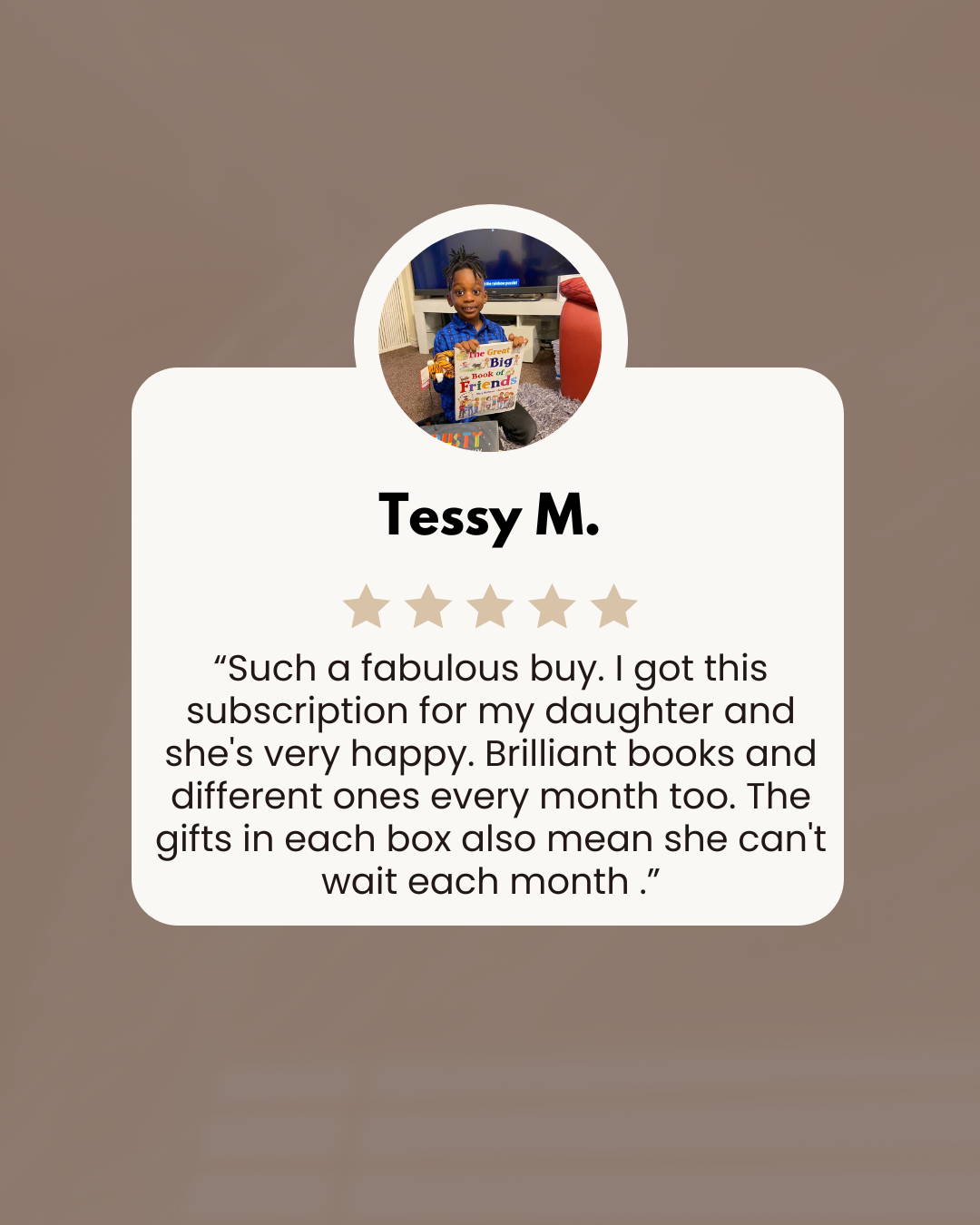 Little  boy holding books with a review for Happier Every Chapter Little Literates book box