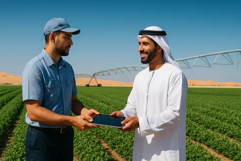 An agricultural worker in a cap and shirt and a man in traditional Middle Eastern attire examining a tablet in a modern irrigated field in a desert region.