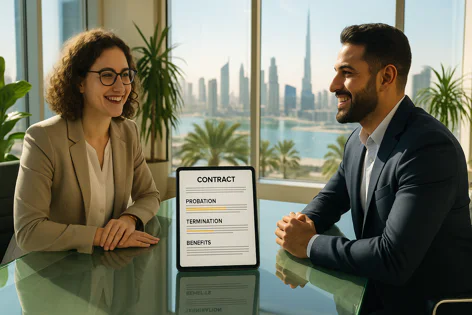 A woman and man smile while discussing a contract on a tablet in an office with a panoramic view of a modern city skyline including skyscrapers and water.