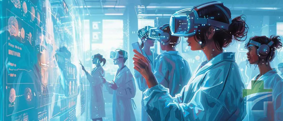 Nursing students engaged in a VR simulation using touchless tech