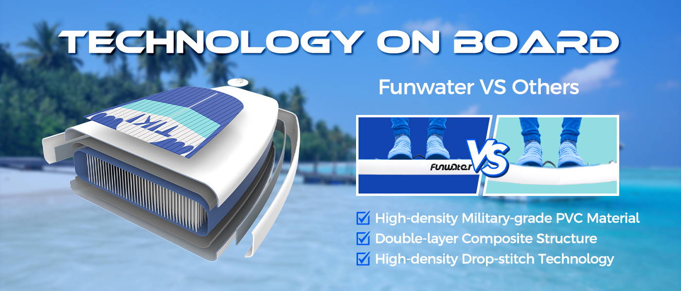 The technology of TIKI blow up paddle boards are high-density military-grade PVC Material, Double-layer composite structure, high-density drop-stitch technology